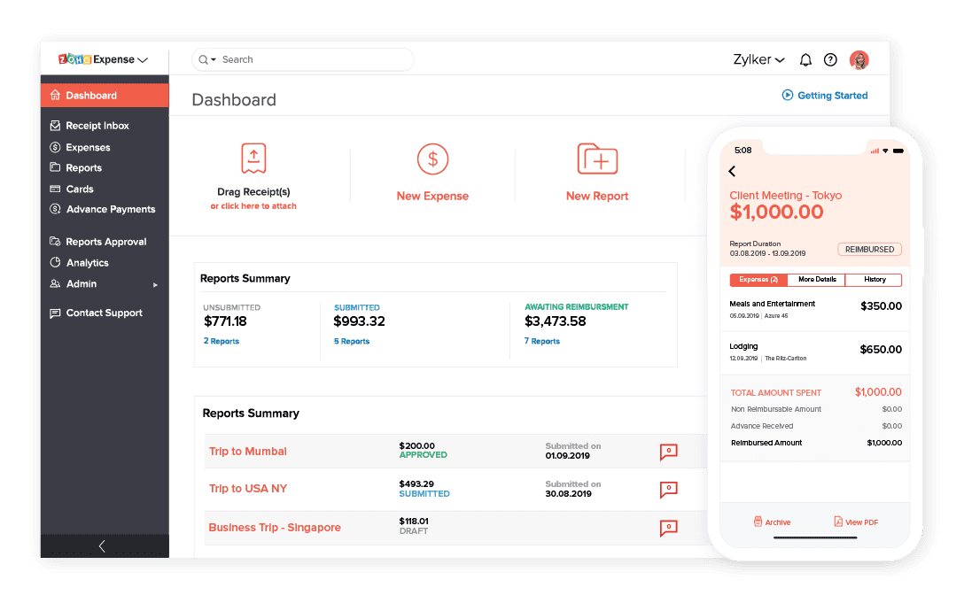 Le dashboard Zoho Expense